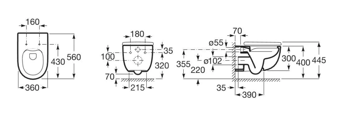 Roca Meridian - Hangend Toilet, Rimless, Wit A34624L000 4 Roca Meridian - Hangend Toilet, Rimless, Wit A34624L000 - Afbeelding 2