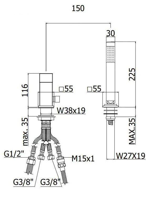 Paffoni Level - Badrandkraan, 2-gats, Rvs LES041ST 4 Paffoni Level - Badrandkraan, 2-gats, Rvs LES041ST - Afbeelding 2